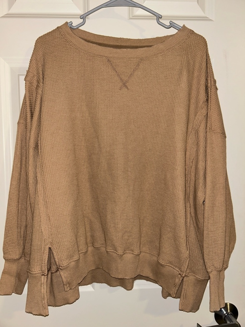 Relaxed Waffle Knit Oversized Crewneck Sweater in Tan
